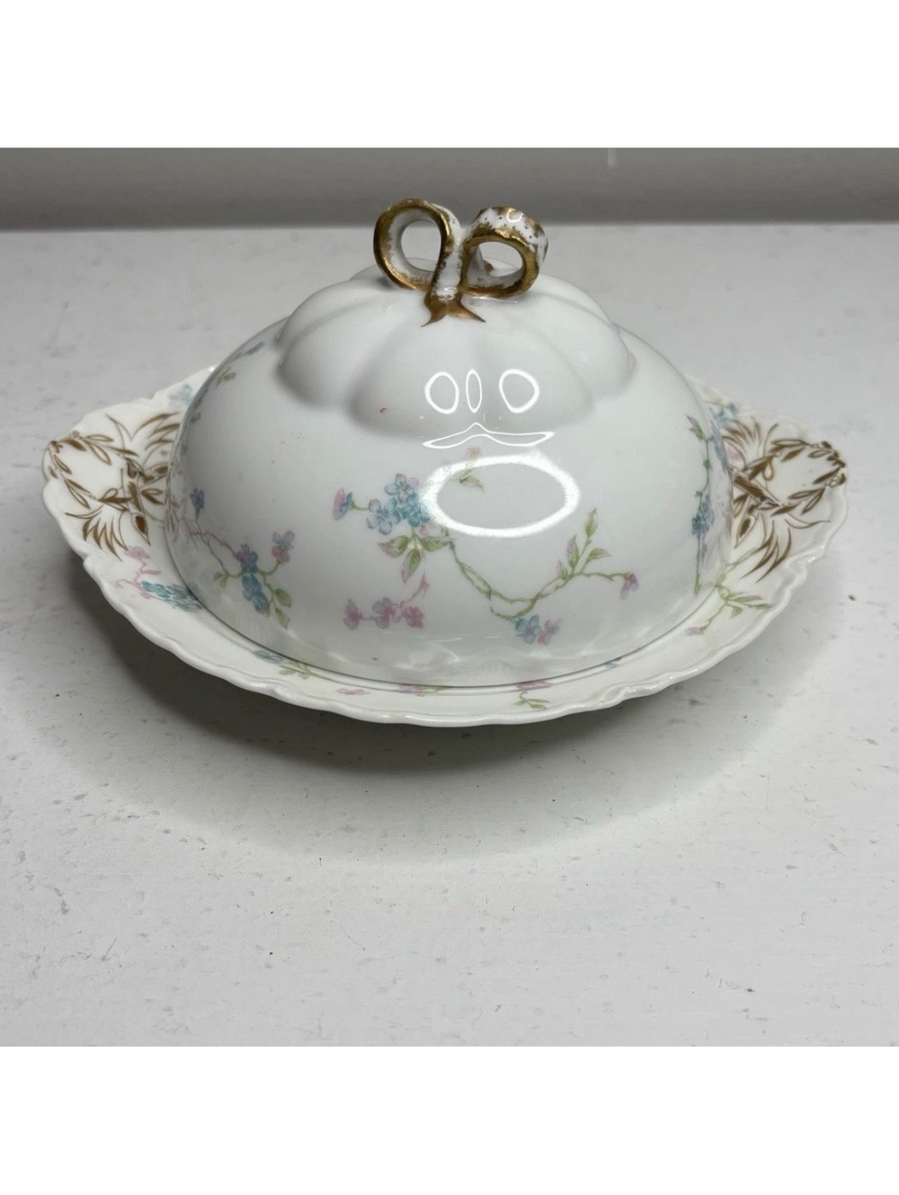 Haviland Limoges Schleiger 441b Blue Pink Floral Covered Butter Dish with Insert
